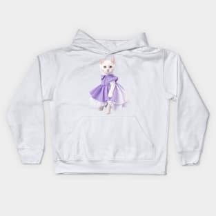 White cat wearing purple dress Kids Hoodie